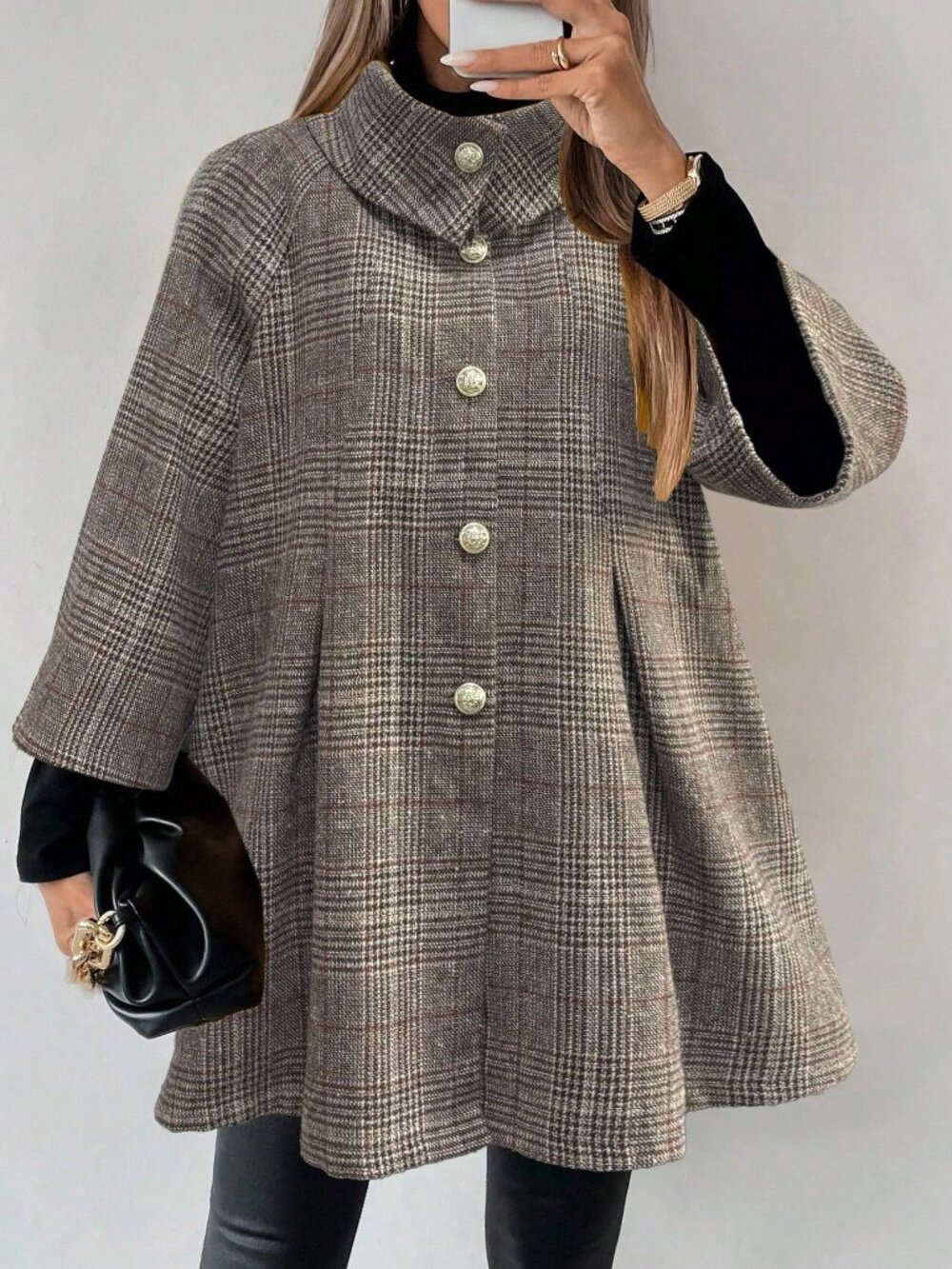 Grey Party Women's Plaid Single Breasted Raglan 3/4 Sleeve Jacket